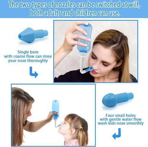 Vista 5 de Neti Pot - Botella de enjuague sinusal, limpiador de lavado de nariz, enjuague a presión, riego nasal para adultos y niños, sin BPA, kit de lavado