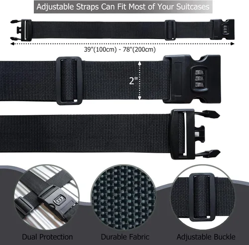 Vista 5 de 2 correas de equipaje de 78 x 2 pulgadas, correas de equipaje anchas ajustables, accesorios de viaje, negro y cerradura de combinación