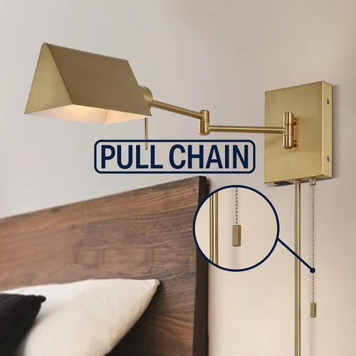 Vista 5 de JONATHAN Y Aplique de pared con brazo oscilante dorado de latón de 22 pulgadas, enchufable o cableado con puerto de carga USB y cadena de tracción