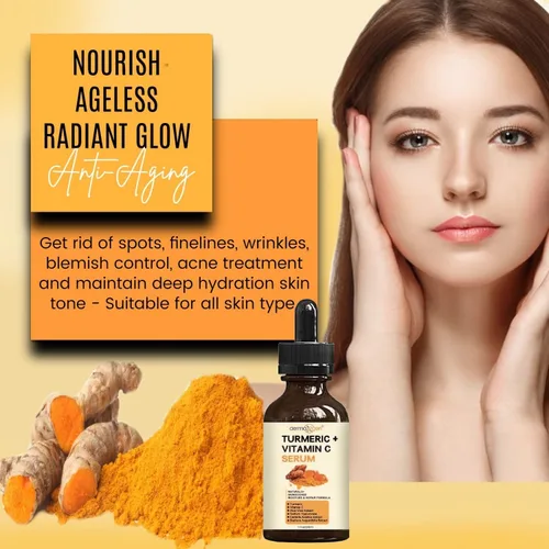 Vista 9 de Suero facial de cúrcuma + vitamina C, tratamiento orgánico para el acné, tono de piel claro, hidrata la piel opaca y seca, suero facial