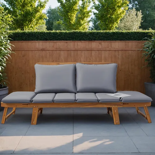 Vista 9 de Greesum - Sofá cama convertible para patio con reposabrazos ajustables, cama de día de madera de acacia para exteriores con cojín y almohada, banco