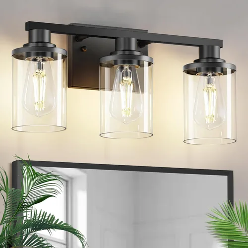 Vista 9 de L LOHAS LED Lámparas de baño negras de 2 luces, accesorios de iluminación modernos sobre espejo con pantalla de vidrio transparente, luces