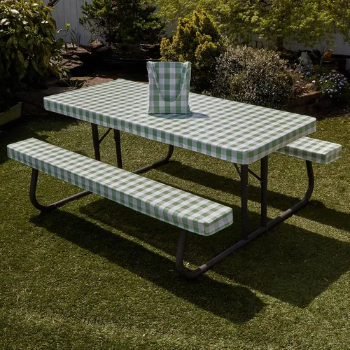 Vista 6 de Funda de mesa de picnic con fundas de banco, 17.64 oz/m², reutilizable, de vinilo resistente, mantel de picnic impermeable con funda de transporte