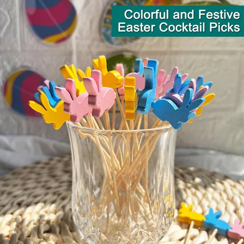 Vista 4 de Púas de cóctel de Pascua, 100 palillos de dientes de conejo de Pascua para aperitivos, palitos de bambú de conejo de Pascua de 4.7 pulgadas