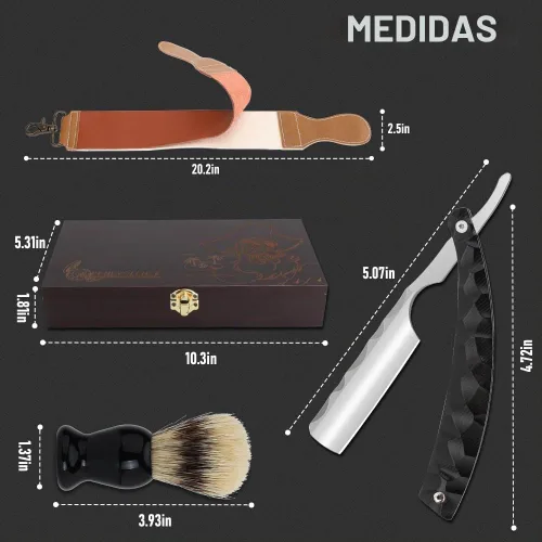Vista 6 de Kit profesional de afeitar recta, afeitadora de peluquero para hombres en caja de regalo (negro)