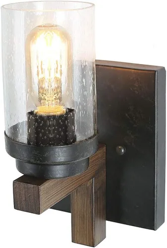 Vista 6 de Aplique de pared rústico con vidrio sembrado, lámpara de pared de granja para montaje en pared negro (Black 2 Lights)