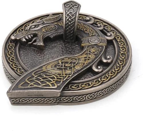 Vista 4 de Veronese Design Sigur Slaying Fafnir Viking Horn with Dragon Wall Mount – Placa de pared con acabado de bronce antiguo