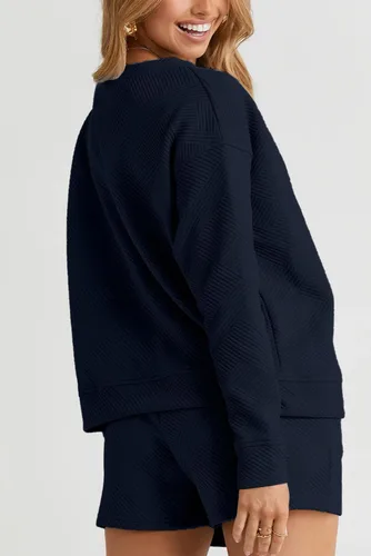 Vista 3 de FUPHINE Conjunto de 2 piezas para mujer, sudadera de manga larga con botones y pantalones cortos con bolsillos
