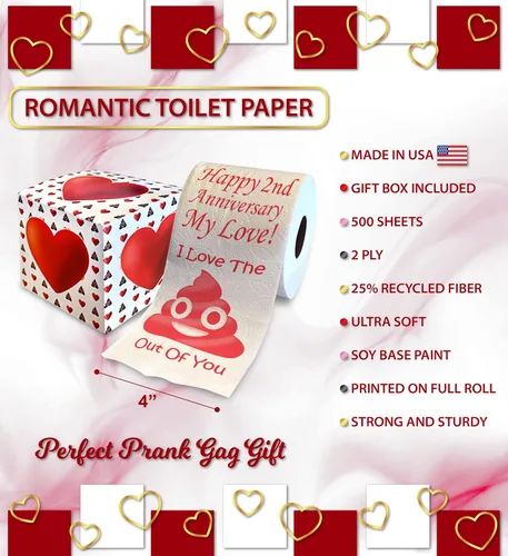 Vista 3 de Impreso TP Happy Second Anniversary I Love You - Broma de papel higiénico impreso – Divertido regalo de broma novedosa, segundo aniversario