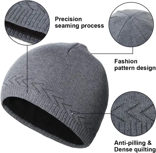 Vista 2 de OMECHY Gorros de punto cálidos de invierno para hombre, diseño de calavera lisa, gorro de punto tobogán