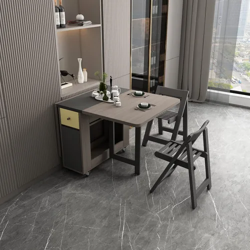 Vista 2 de FUNROLUX Drop Leaf Folding Dining Table with Storage, 2 Drawers, Grey Gris