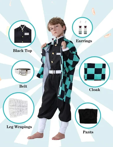 Vista 2 de Hotiego Tanjir Kamado Cosplay Costume Demon Cosplay Outfits Cape Anime Costume Halloween Costumes for Boys Girls