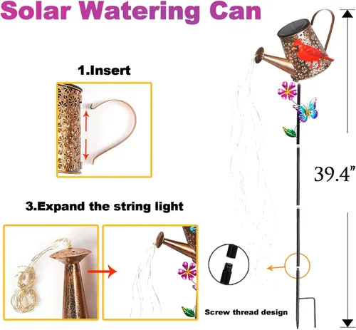 Vista 8 de Luces solares para exteriores decorativas, luces de riego solar de metal de 39.4' con cardenal rojo, estaca impermeable para jardín, césped, patio
