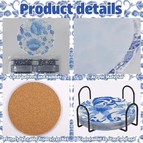 Vista 4 de Juego de posavasos con diseño de diamantes de flores azules, posavasos de diamante acrílico 5D con base de corcho y soporte para adultos, 8