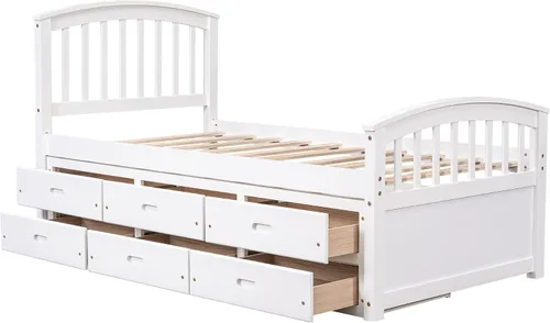Vista 4 de SOFTSEA Cama individual capitán para niños, cama de almacenamiento de madera maciza con 6 cajones, no necesita somier, color blanco