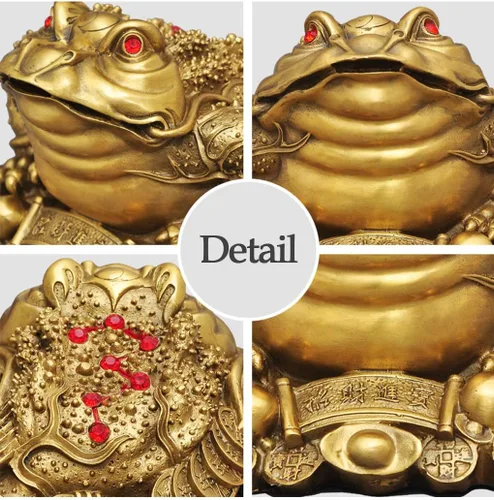 Vista 4 de Estatua de Feng Shui de latón con rana de dinero, escultura de sapo de dinero, juego de 5 monedas antiguas de cuerda roja de Feng Shui
