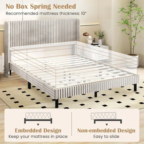 Vista 9 de Giantex Base de cama de terciopelo tamaño Queen, plataforma tapizada con cabecera vertical copetuda, base de colchón de soporte de listones