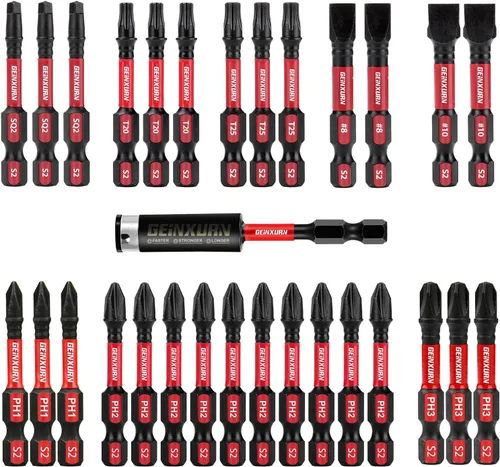 Vista 14 de GEINXURN Impact Tough - Juego de 23 brocas magnéticas mezcladas para destornillador, juego de puntas de destornillador de acero de aleación S2 con 1