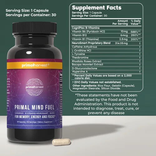 Vista 2 de Primal Harvest Mind Fuel & Suplementos de glicinato de magnesio para mujeres y hombres, paquete de píldoras de refuerzo cerebral de magnesio
