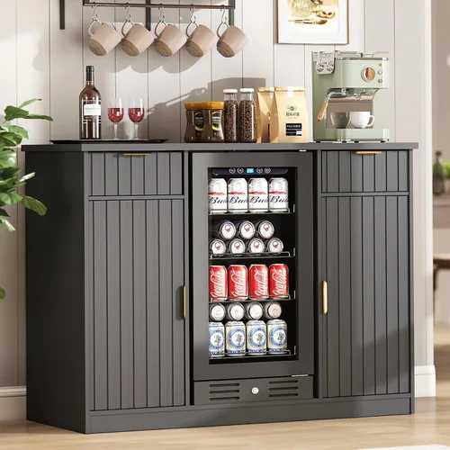 Vista 11 de Lamtor Barra de café con espacio para mini refrigerador, gabinete de barra de café con toma de corriente, mini gabinete de nevera estriado