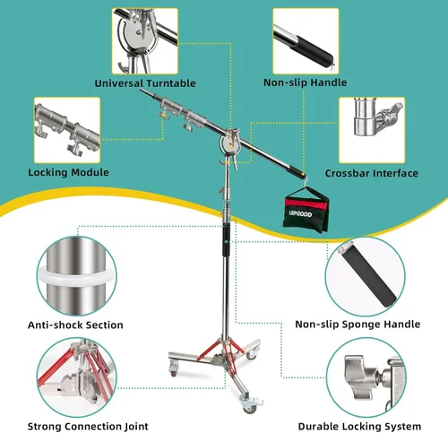 Vista 4 de Soporte en C de acero inoxidable resistente con ruedas y brazo de pluma, soporte de luz para fotografía, brazo de pluma que se extiende de 3.47 a