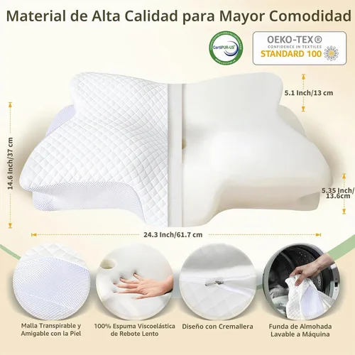 Vista 5 de Almohada cervical de espuma viscoelástica para aliviar el dolor de cuello, color blanco