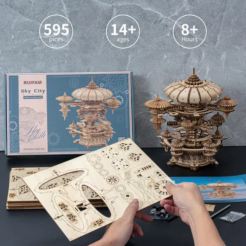 Vista 2 de Rompecabezas de madera 3D para adultos, kit de modelo de caja de música SkyCity, más de 600 piezas, diseño de paisaje urbano, desafiante artesanía