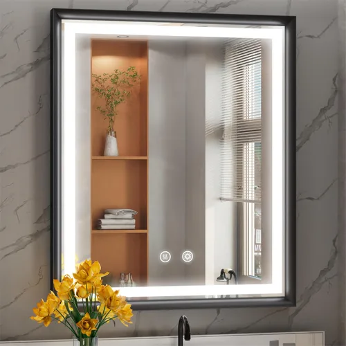 Vista 12 de Espejo de baño LED redondo Bluetooth dual de 20 pulgadas con antivaho Black Frame Circle Vanity Mirror with Lights, 3000K/4500K/6000K, Adjustable