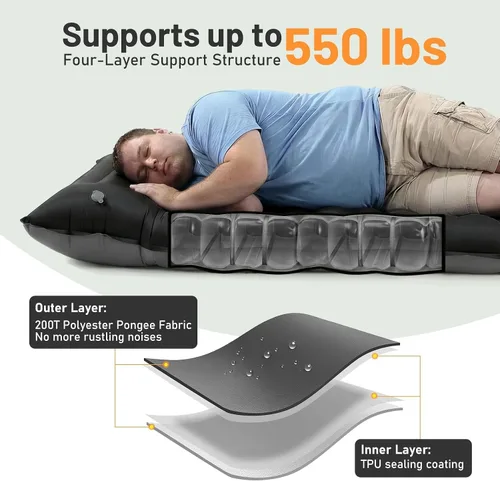 Vista 4 de KASBAH - Colchoneta de dormir inflable de 6 pulgadas de grosor con bomba de pie y almohada integradas, equipo de campamento ultraligero