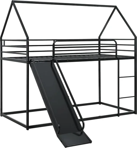 Vista 4 de Litera de cama individual sobre individual con tobogán, marco de cama en forma de casa con escalera, estructura de cama baja de servicio pesado
