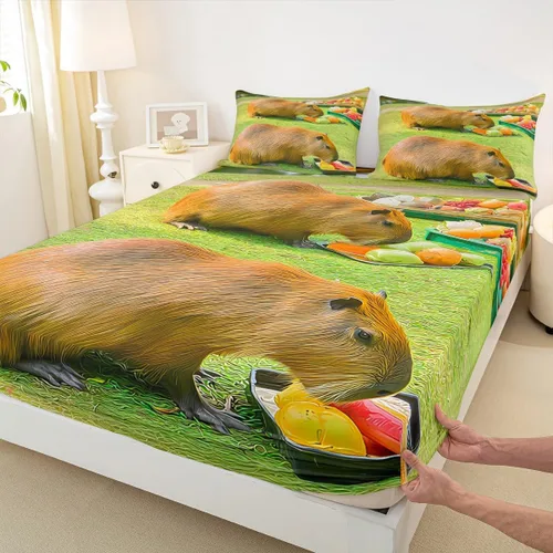 Vista 4 de Capybara - Juego de sábanas bajeras de tamaño individual para niños, amantes de los animales, para niños, adolescentes, regalos para amantes