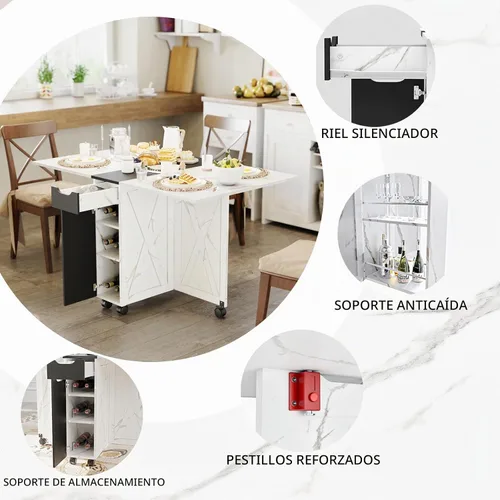 Vista 7 de 3imothrix Mesa de comedor plegable, mesa de comedor con cajón y almacenamiento y estantes, mesa de comedor que ahorra espacio con 6 ruedas, mesa