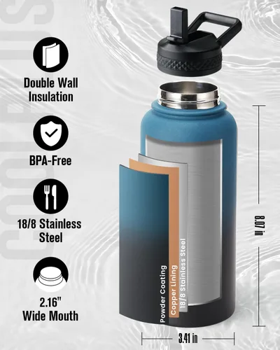 Vista 3 de Coolplus - Botella de agua de 32 onzas aislada, frasco de agua de acero inoxidable 304 18/8 con pajilla, de metal de doble pared al vacío con funda