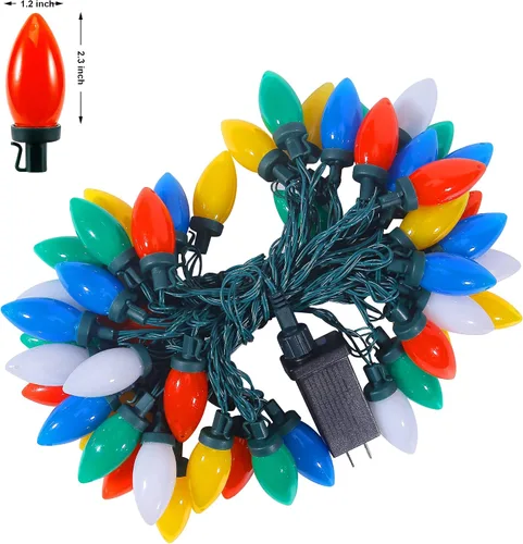 Vista 7 de RECESKY Guirnalda de luces de Navidad con bombilla C9, 50 luces LED de 39 pies con función de temporizador, extensible, 8 modos de iluminación