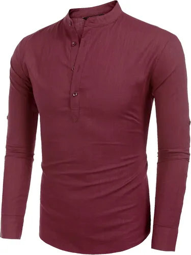 Vista 2 de COOFANDY - Camisa de lino y algodón con cuello Henley, de manga larga, estilo hippie, informal, camisetas de playa