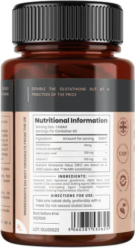 Vista 2 de Glutatión 1000 mg x 360 tabletas (6 botellas de 60) - con 500 mg de glutatión, 300 mg de ALA y 200 mg de VIT C por tableta