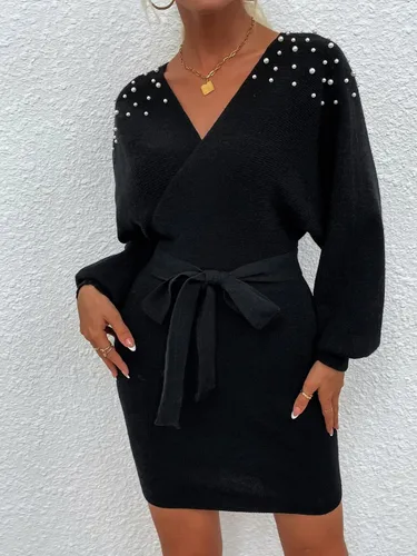 Vista 2 de Vifucz Colorblock Dresses for Women Sleeve Vneck Sweater Formal Dressy Sexy Crochet Warm Dresses Homecoming Dress Women