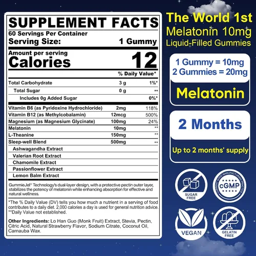 Vista 2 de Nextdia Gomitas de melatonina sin azúcar, 10 mg 20 mg de glicinato de magnesio y melatonina para adultos, Ashwagandha, L-teanina, B6, B12, bálsamo