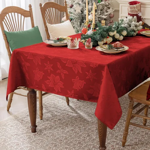 Vista 2 de Softalker: Mantel de Navidad de jacquard, mantel rectangular vintage de damasco de invierno, mantel impermeable de poliéster con copo de nieve