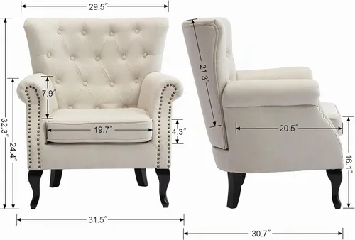 Vista 3 de Juego de 2 sillas decorativas modernas de mediados de siglo, sillón de tela de lino con respaldo acolchado/patas de madera, sillón de descanso
