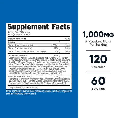 Vista 2 de Nutricost Super Antioxidantes (1000 mg) 120 cápsulas – Suplemento antioxidante para hombres y mujeres con Acai, Goji, arándanos y más, 60 porciones