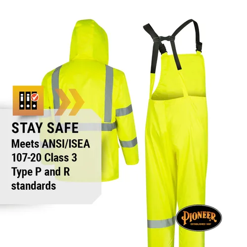 Vista 7 de Pioneer Equipo de lluvia de alta visibilidad Chaqueta de seguridad y pantalones con peto – Alta visibilidad, impermeable, traje de trabajo de PVC
