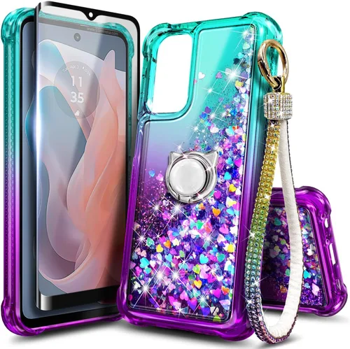 Vista 28 de Funda compatible con Samsung Galaxy S24-FE Aqua/Purple Funda líquida flotante con purpurina linda con protector de pantalla de vidrio templado