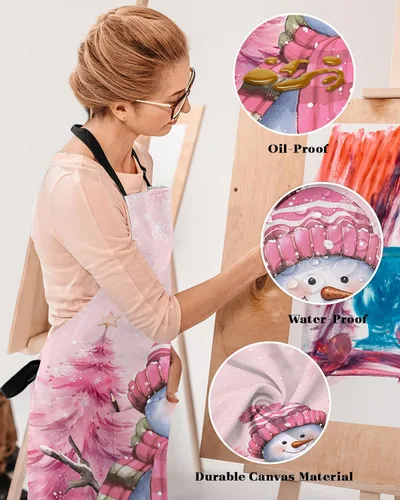 Vista 4 de Pink Snowman Christmas Bib Aprons with Pockets Waterproof, Adjustable Apron for Men Women Xmas Tree Winter Snowflake Pink