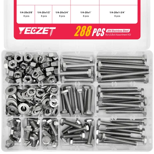 Vista 8 de Kit surtido de tornillos y tuercas de alta resistencia de 176 piezas, acero inoxidable 304, incluye 9 tamaños más comunes (1/4-20, 5/16-18, 3/8-16)