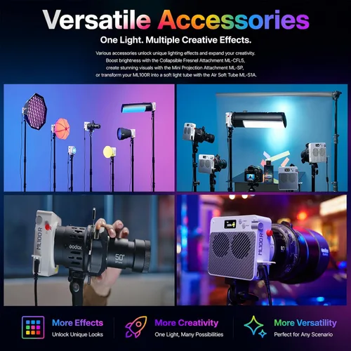 Vista 4 de Godox ML100R 110W RGB LED luz de video, con reflector intercambiable de 15°/1800-10000K CCT/14 efectos FX cinematográficos/múltiples opciones
