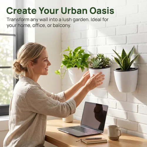 Vista 7 de Jucoan Paquete de 9 macetas colgantes de pared de riego automático para plantas de interior, maceta perezosa de plástico blanco de 5 pulgadas con 9