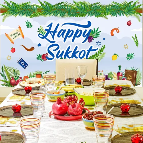 Vista 7 de Newwiee Cartel de fondo de Happy Sukkot de 71 x 43 pulgadas, decoración de fiesta de Sukkah, Etrog Lulav, tapiz judío, decoración de fiesta