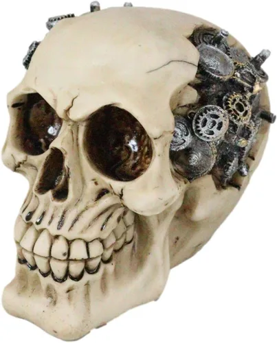 Vista 3 de ATL Autotechnik estatuilla de cráneo humano robótico con engranajes salientes Steampunk