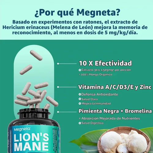Vista 5 de Extracto de melena de león con pimienta negra, suplemento de hongos para suplemento cerebral, 120 cápsulas